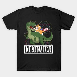Cat With US Flag Riding Dinosaur And Fireworks MEOWICA Happy Independence July 4th Day American Cats T-Shirt